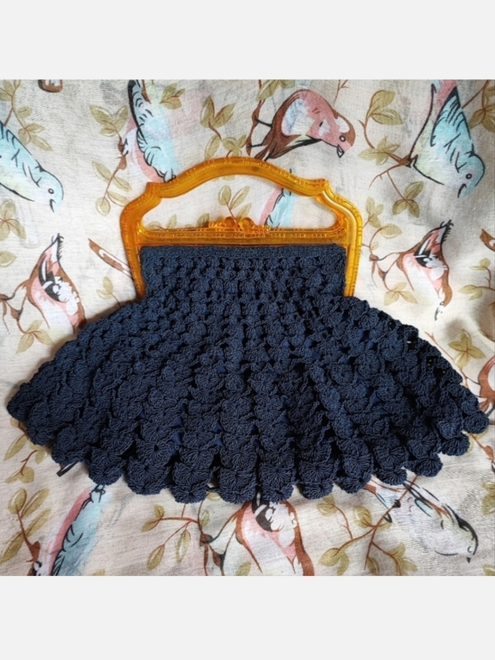 Vintage 1940's Large Half Moon Corded Clutch Purse Crochet Carved Lucite Handle